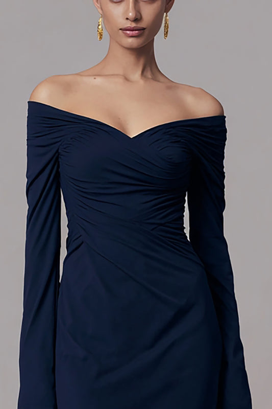 Simple Navy Mermaid Ruched Long Sleeves Formal Dress