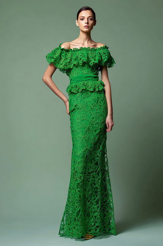 Green Lace Off the Shoulder Mermaid Long Formal Dress with Ruffles