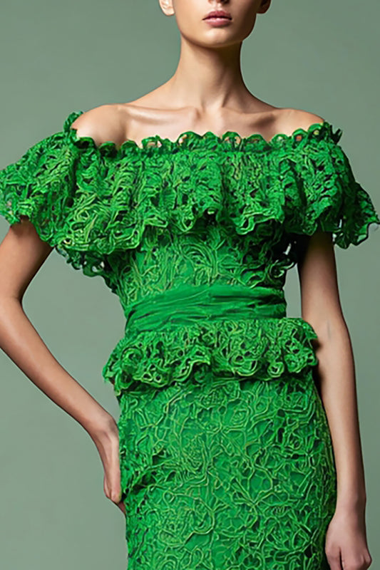 Green Lace Off the Shoulder Mermaid Long Formal Dress with Ruffles