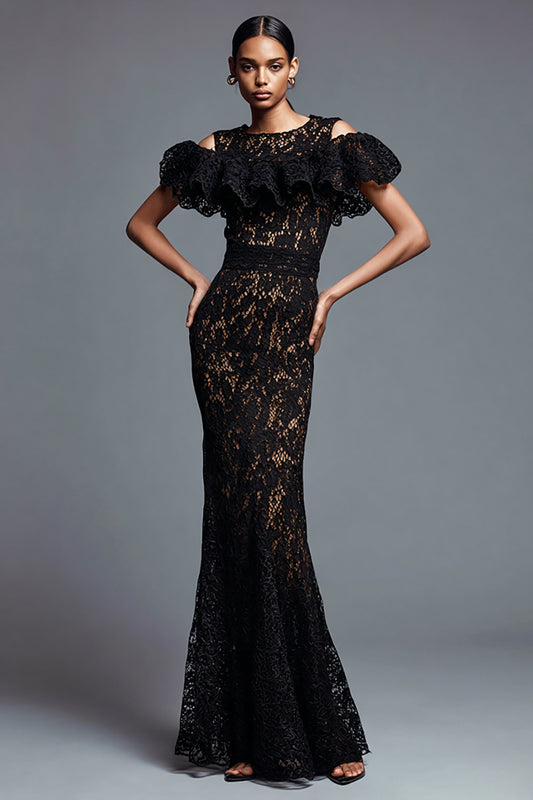 Black Lace Mermaid Cold Shoulder Long Formal Dress with Ruffles