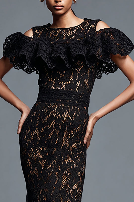 Black Lace Mermaid Cold Shoulder Long Formal Dress with Ruffles