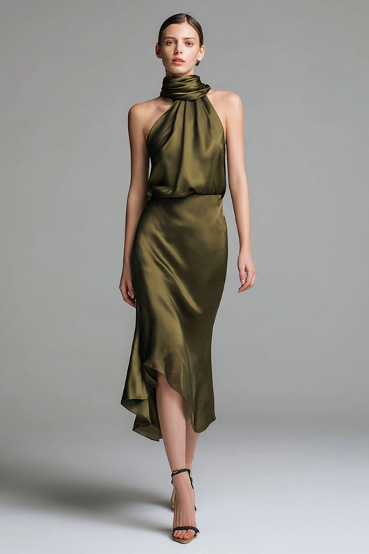 Olive Satin Sheath High Neck Asymmetrical Formal Dress