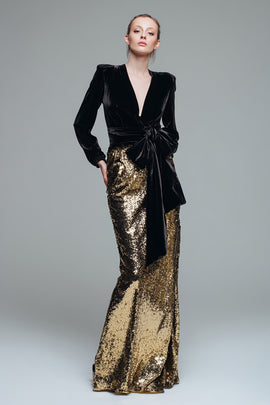 Sparkly Black and Gold Sequins Long Sleeves Holiday Party Dress with Bow
