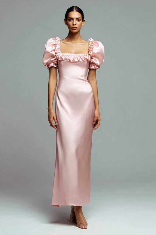 Pink Satin Puff Sleeves Sheath Long Formal Dress with Ruffles