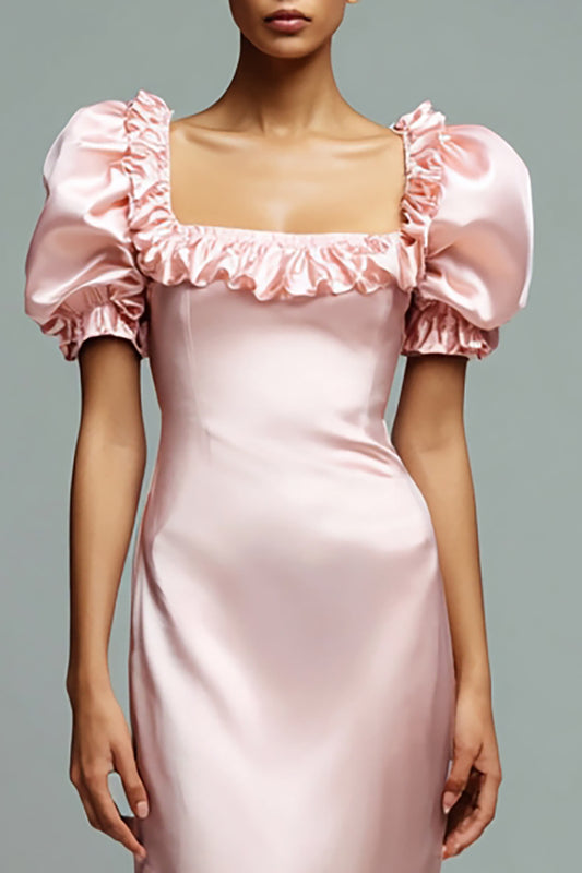 Pink Satin Puff Sleeves Sheath Long Formal Dress with Ruffles