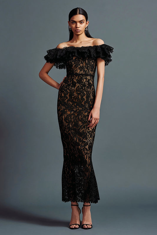 Black Mermaid Lace Off the Shoulder Long Formal Dress with Ruffles
