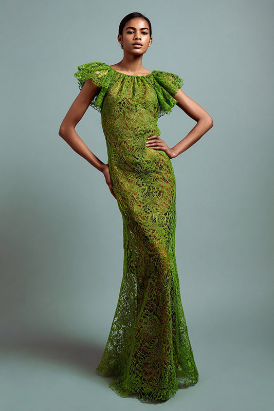 Green Lace Ruffled Mermaid Long Formal Dress
