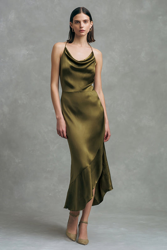 Olive Satin Cowl Neck Asymmetrical Formal Dress with Ruffles