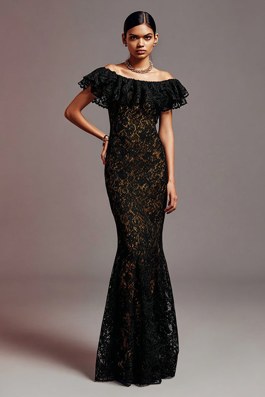 Black Off the Shoulder Mermaid Long Lace Formal Dress with Ruffles