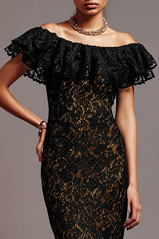 Black Off the Shoulder Mermaid Long Lace Formal Dress with Ruffles