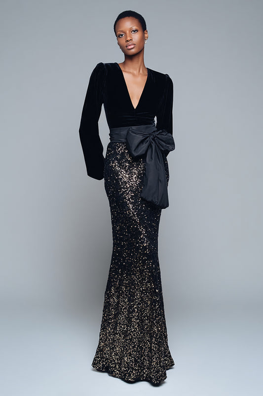 Sparkly Black Sequins V-Neck Long Sleeves Holiday Party Dress with Bow