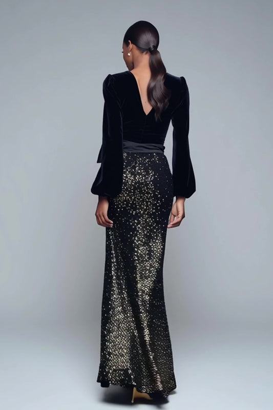 Sparkly Black Sequins V-Neck Long Sleeves Holiday Party Dress with Bow