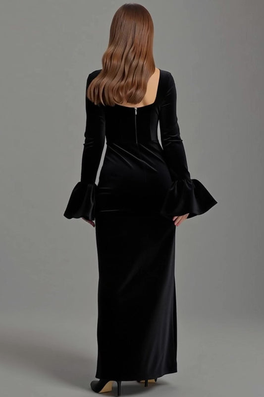 Velvet Black Square Neck Sheath Long Holiday Party Dress with Sleeves
