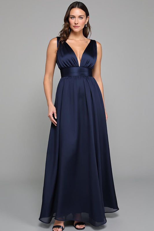 Simple Navy A Line Deep V Neck Long Formal Dress
