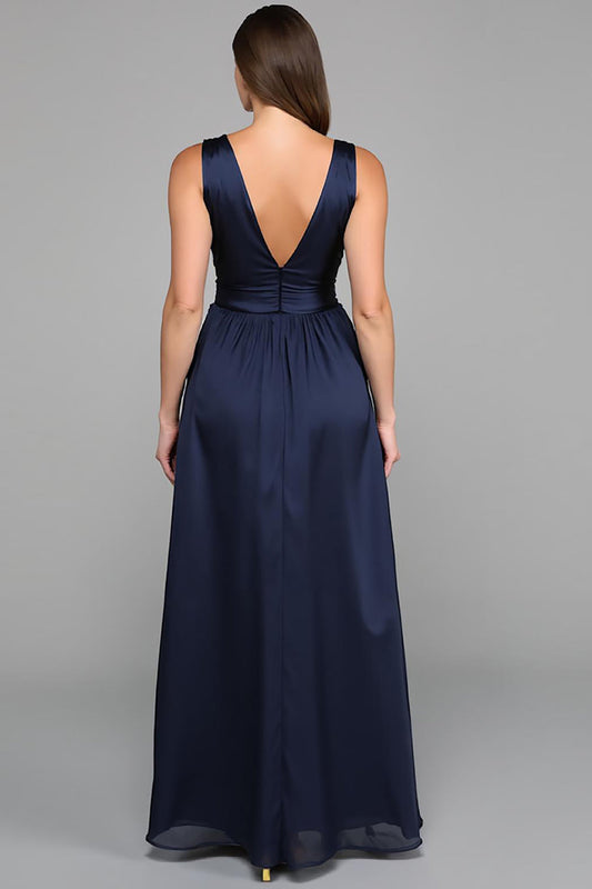 Simple Navy A Line Deep V Neck Long Formal Dress