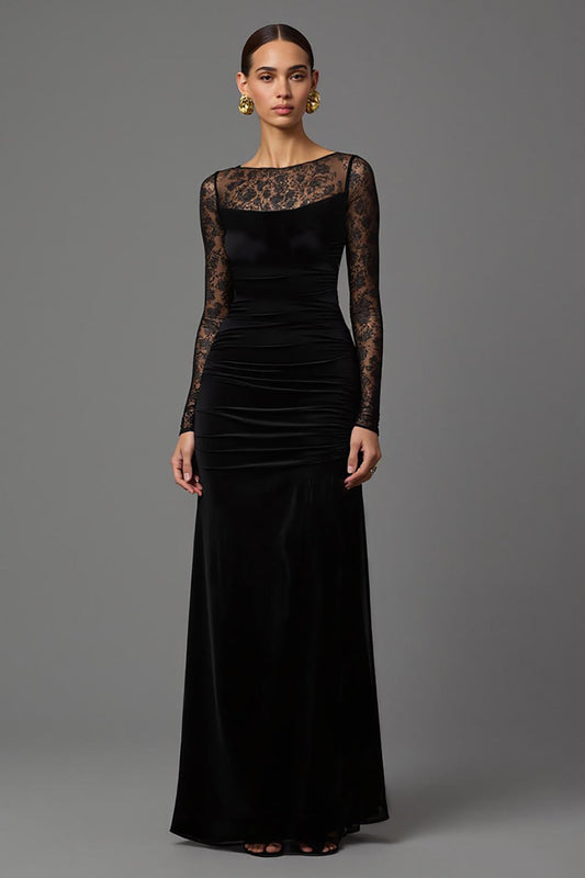 Black Velvet Long Sheath Formal Dress with Sleeves Illusion Neck Holiday Party Dress with Lace