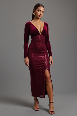 Sparkly Burgundy Sequins V-Neck Long Sleeves Formal Dress with Slit