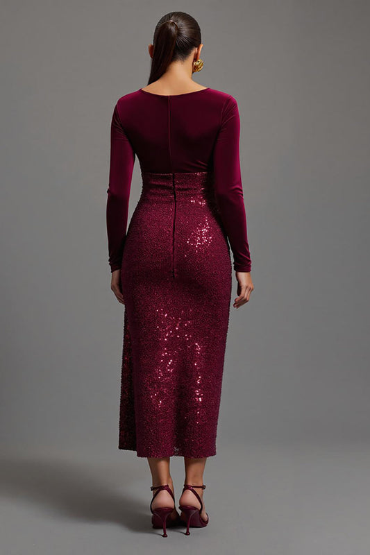 Sparkly Burgundy Sequins V-Neck Long Sleeves Formal Dress with Slit