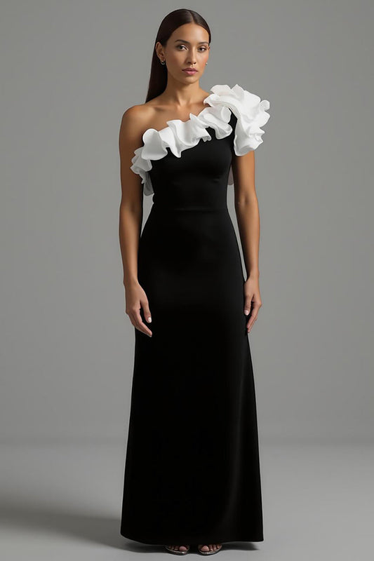 Black and White Sheath Long Formal Dress One Shoulder Evening Dress with Ruffles