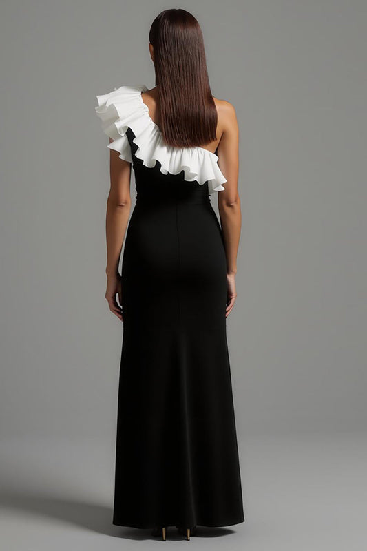 Black and White Sheath One Shoulder Long Formal Dress with Ruffles