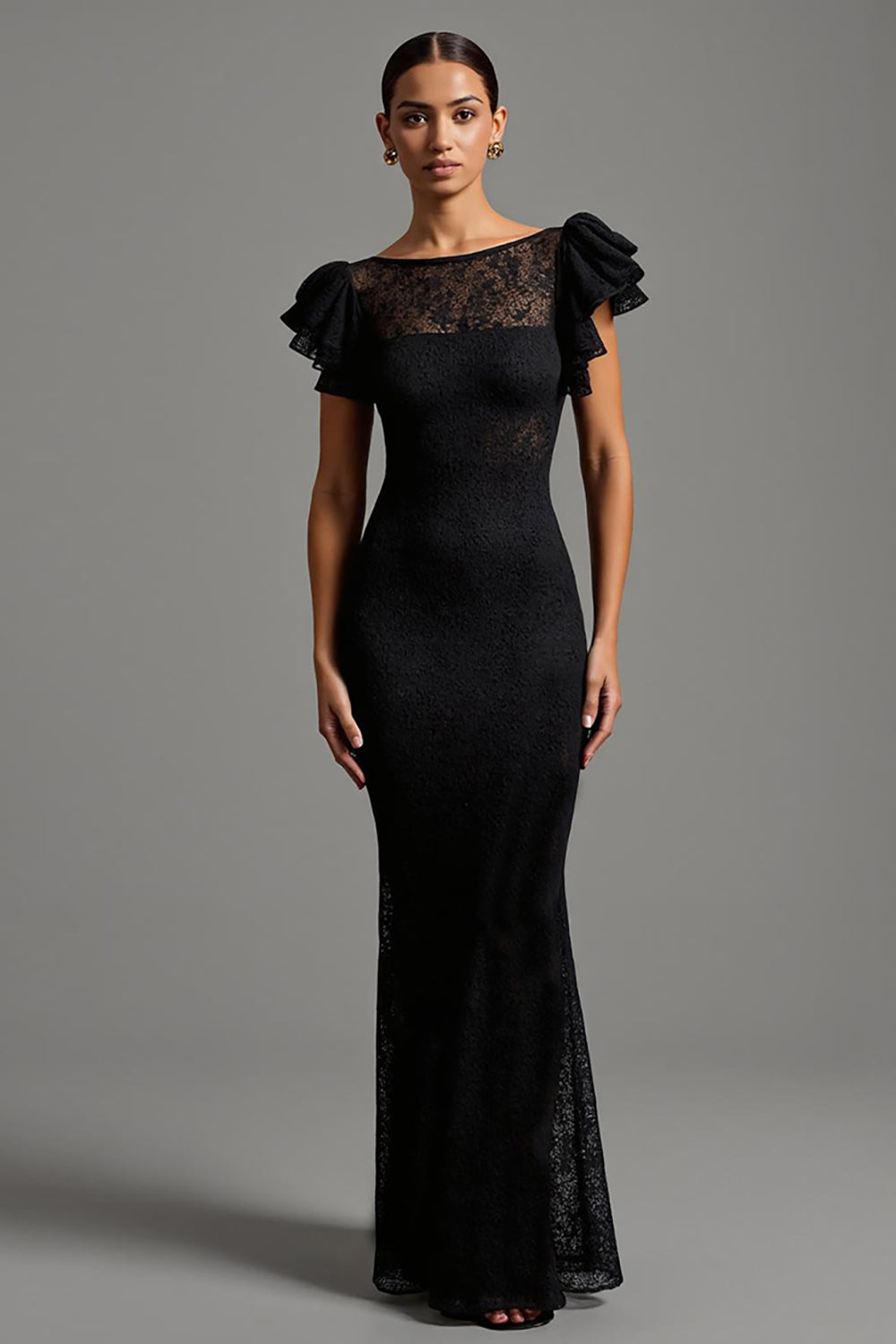 boat neck black lace dress Women's Black Lace Boat Neck Long Sleeve Godet Maxi Dress