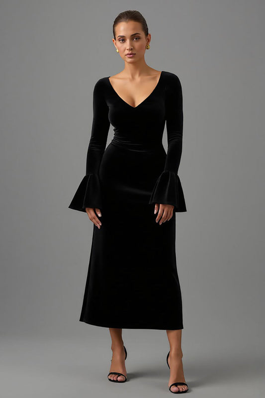 Black Velvet Sheath V Neck Long Sleeves Formal Dress