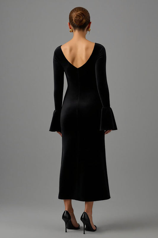 Black Velvet Sheath V Neck Long Sleeves Formal Dress