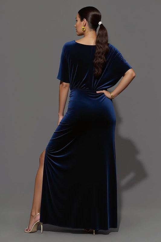 Navy Sheath Velvet Boat Neck Long Ruched Formal Dress with Slit