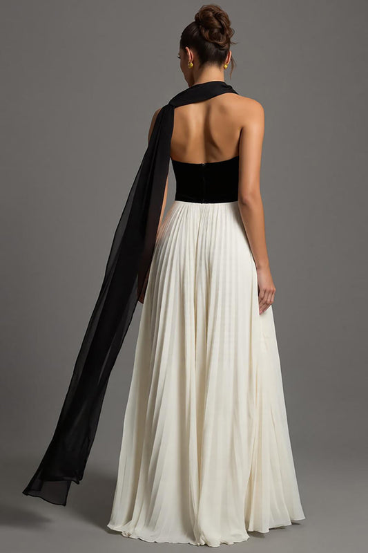 Black and White Chiffon Sweetheart A Line Pleated Long Formal Dress