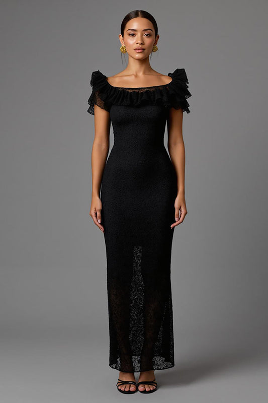 Black Lace Sheath Boat Neck Long Formal Dress with Ruffles