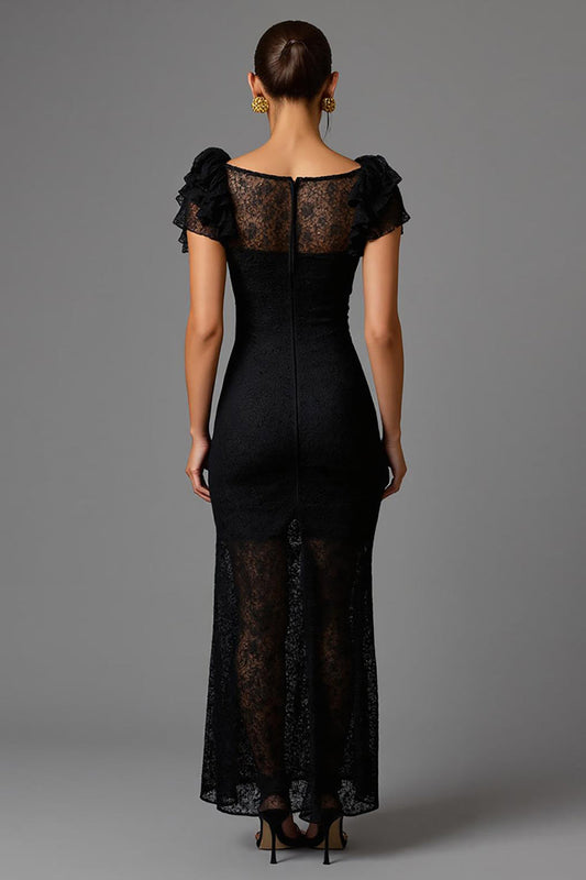 Black Lace Sheath Boat Neck Long Formal Dress with Ruffles