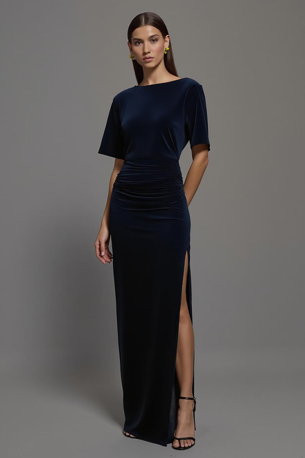 Zapakasa Women Navy Velvet Long Formal Dress with Slit Sheath Ruched