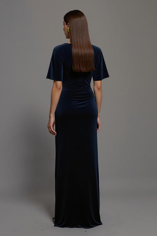 Navy Velvet Bateau Neck Sheath Long Formal Dress with Sleeves