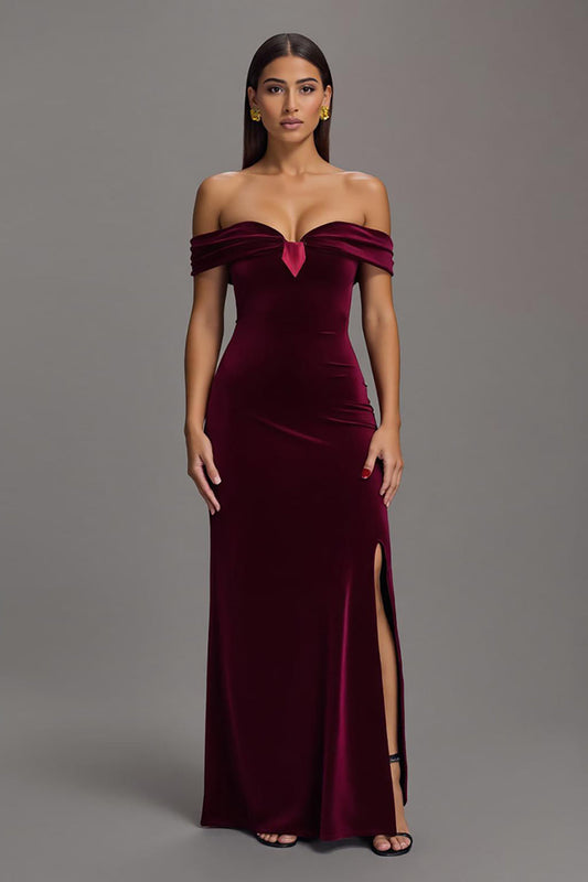 Burgundy Velvet Off The Shoulder Sheath Long Formal Dress with Slit