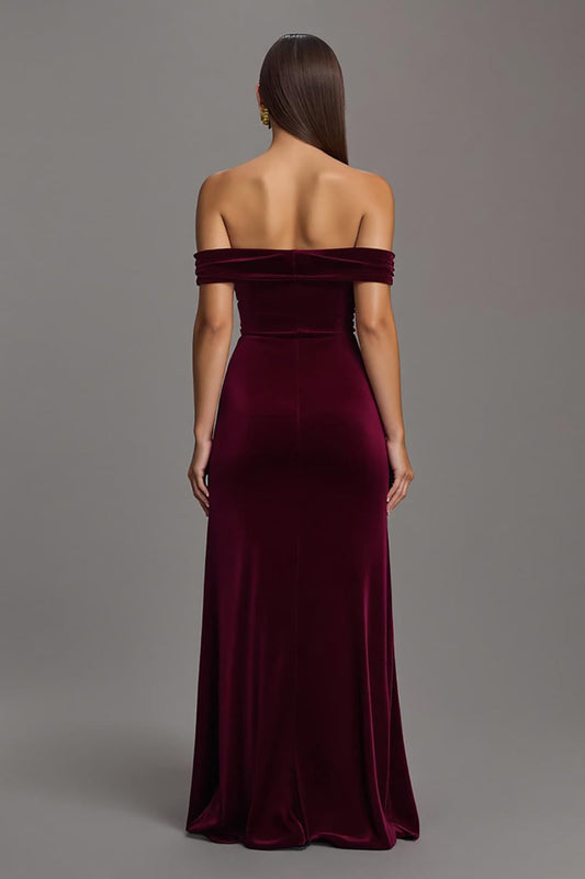 Burgundy Velvet Off The Shoulder Sheath Long Formal Dress with Slit