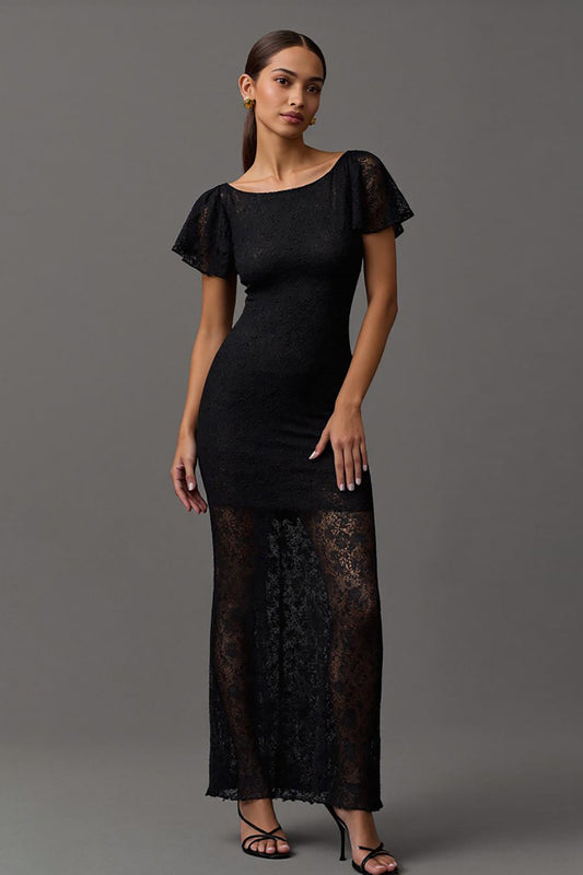 Black Lace Sheath Boat Neck Long Formal Dress with Sleeves