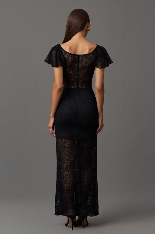 Black Lace Sheath Boat Neck Long Formal Dress with Sleeves