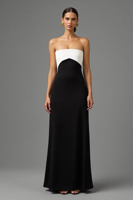 Elegant Satin Long Formal Dress Strapless Sheath Black Tie Dress with Bow