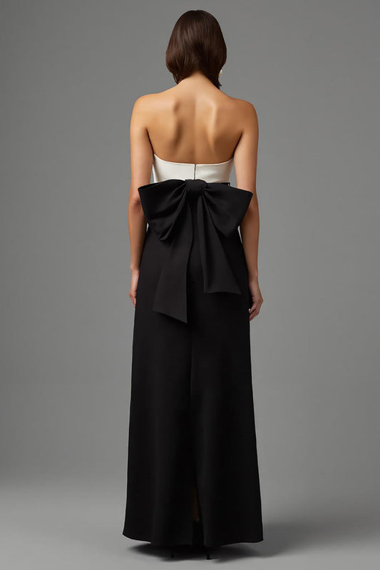 Simple Black and White Sheath Strapless Long Formal Dress with Bow