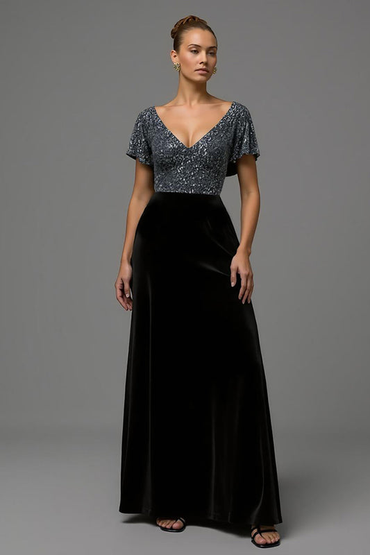 Sparkly Black and Grey Velvet A Line V Neck Long Formal Dress with Sleeves