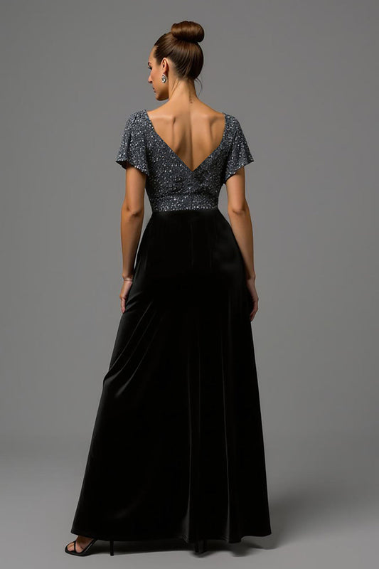 Sparkly Black and Grey Velvet A Line V Neck Long Formal Dress with Sleeves