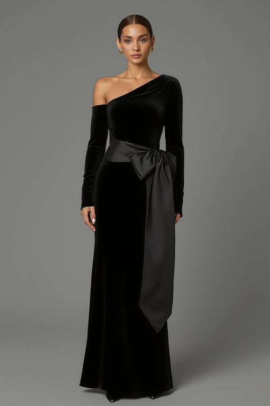 Black One Shoulder Long Sleeves Velvet Holiday Party Dress with Bow