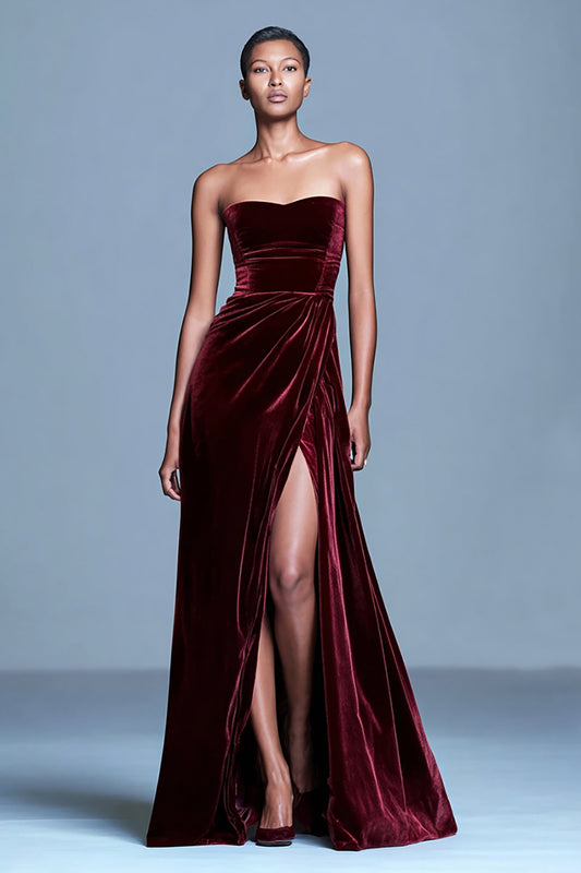 Burgundy Velvet Strapless Long Holiday Party Dress with Slit