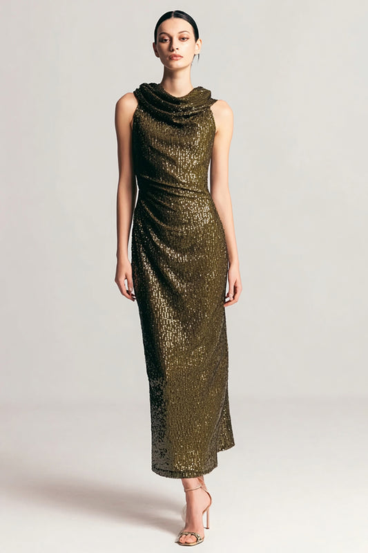 Sparkly Olive Sequins Cowl Neck Sheath Long Holiday Party Dress