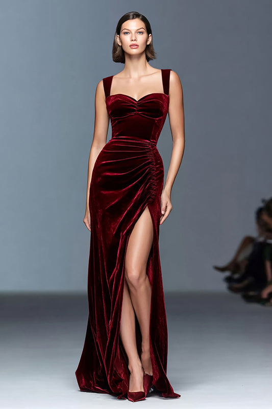 Burgundy Velvet Ruched Long Holiday Party Dress with Slit