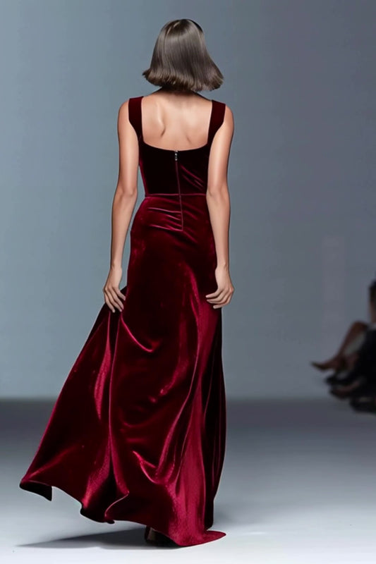Burgundy Velvet Ruched Long Holiday Party Dress with Slit