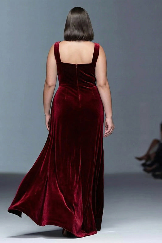 Plus Size Burgundy Velvet Sheath Ruched Long Holiday Party Dress with Slit