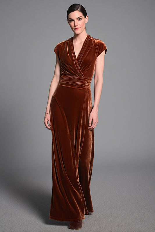 Caramel Ruched Sheath Velvet Long Holiday Party Dress