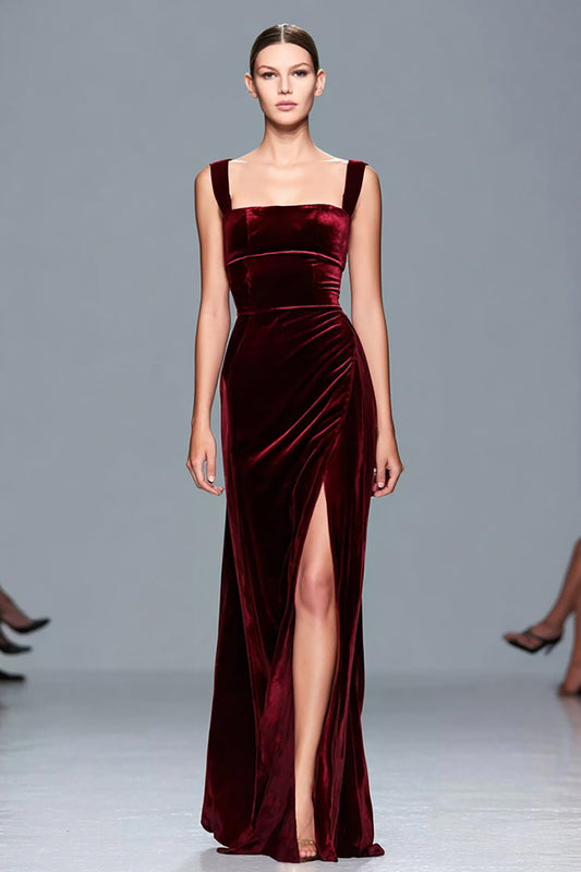 Burgundy Square Neck Velvet Long Holiday Party Dress with Slit