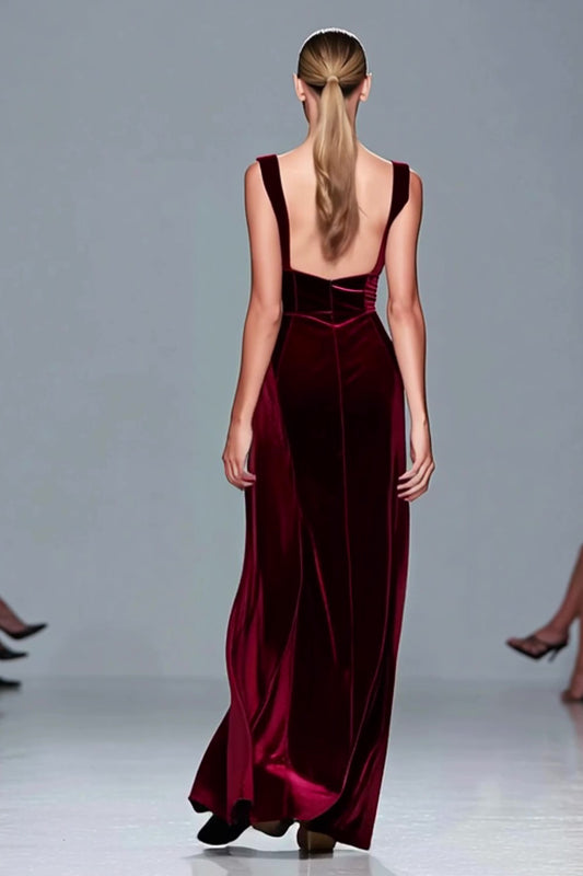 Burgundy Square Neck Velvet Long Holiday Party Dress with Slit